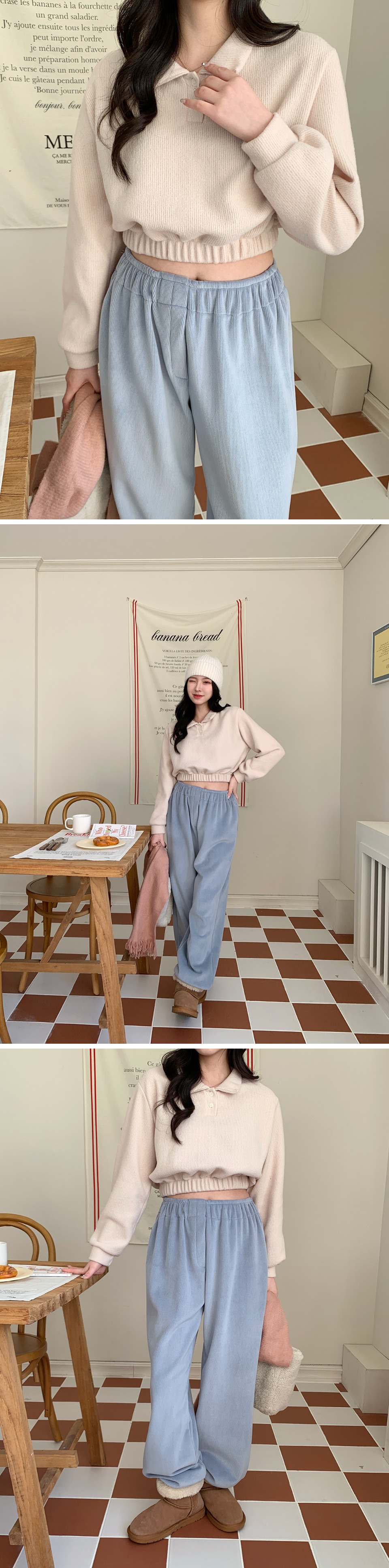 패션 바이 카카오 | 여자 겨울 밴딩 카라 기모 벌룬핏 키작녀 크롭 맨투맨