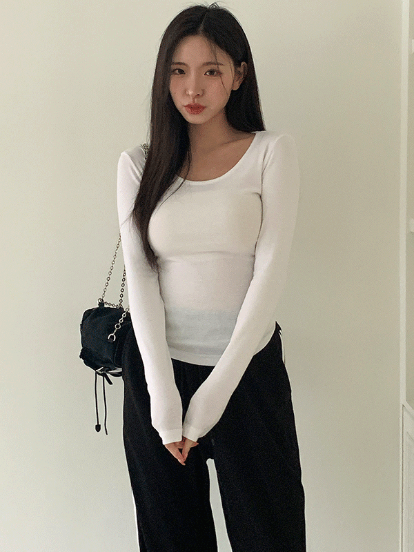 T14293K3C-블리에 U넥 스판 심플 무지 티셔츠
