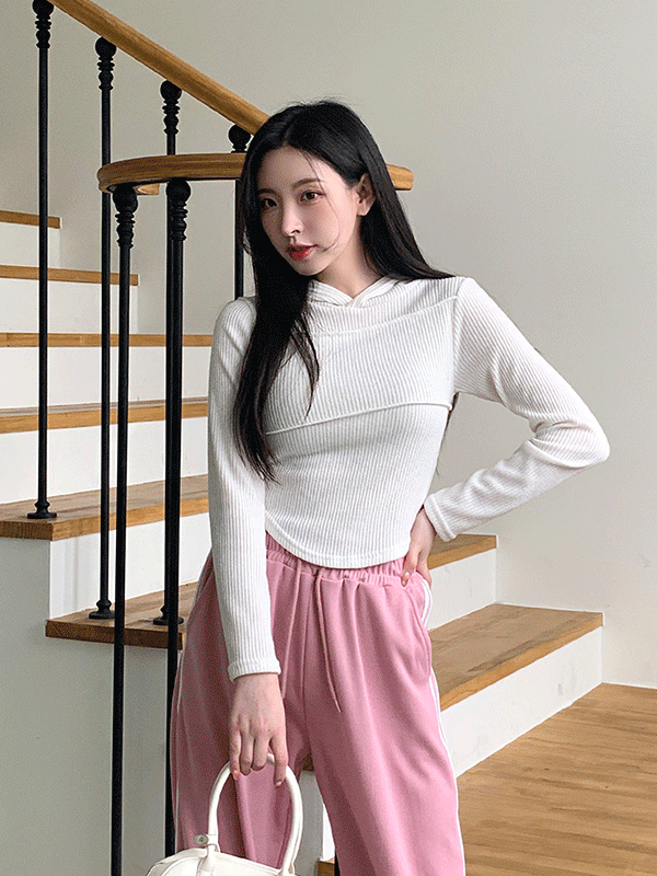 T14353K41-아로데 골지 밑단 라운드 절개 후드티