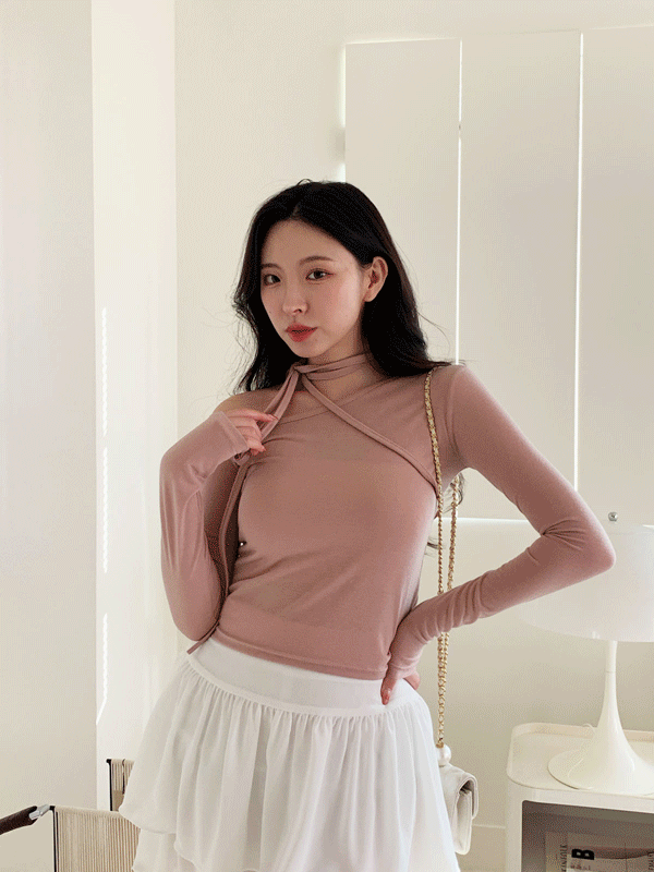 T14445K41-델리슨 원숄더 스트랩 포인트 심플 무지 긴팔 티셔츠