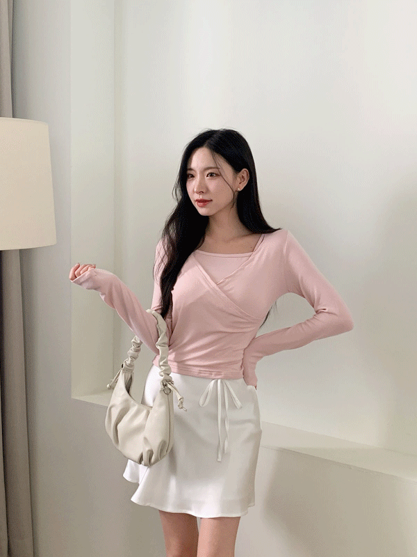SK6244K41-단미아 플레어 스트랩 리본 샤틴미니스커트