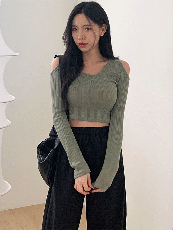 T14583K41-다인드 브이넥 어깨 트임 랩 포인트 티셔츠