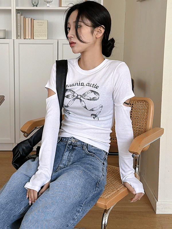 T14599K42-가일미 라운드넥 리본 프린팅 워머트임 스판 티셔츠