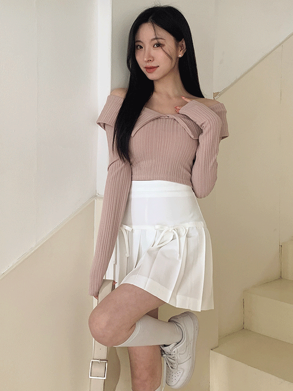 NT5304K42-먼치드 빅 카라넥 세미크롭 골지 슬림 오프숄더