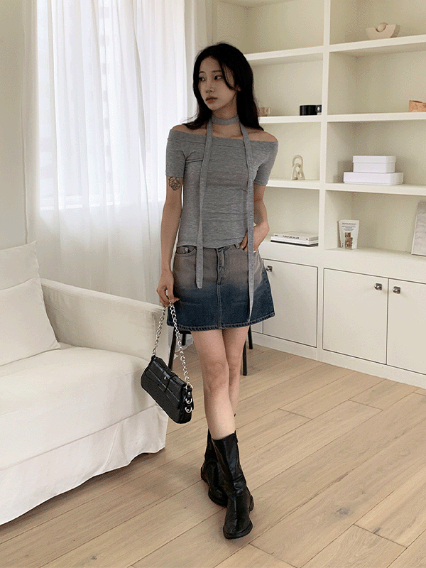 T14764K42-줄다에 무지 오프숄더 머플러 반팔 티셔츠