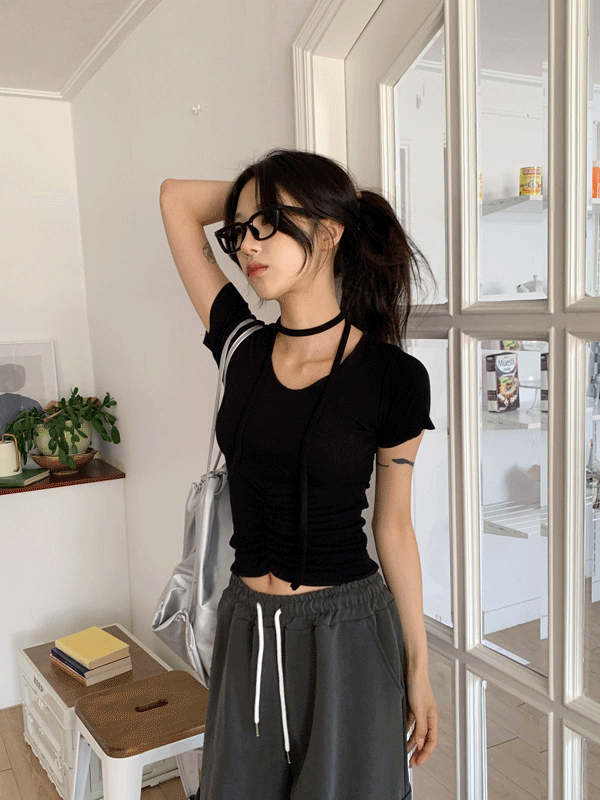 T14848K43-헤민스 셔링 초커넥 스카프 스트랩 슬림 반팔티