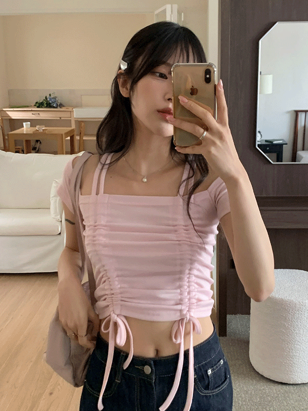T14998K43-오데시 두줄 스트랩 셔링 오프숄더 반팔 티셔츠
