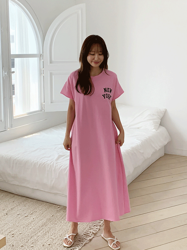 OPS10018K46-에라멜 라운드넥 빈티지 컷팅 오버핏 반팔 롱원피스