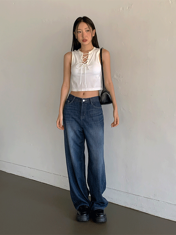 PT14083K45-이도미 딥블루 찰랑 썸머 와이드 데님 팬츠