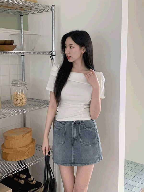 T15414K46-멜워터 오프숄더 골지 슬림 셔링 반팔 티셔츠