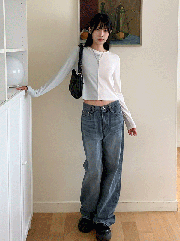 PT14384K48-티로아 빈티지 샌드 워싱 와이드 데님 팬츠