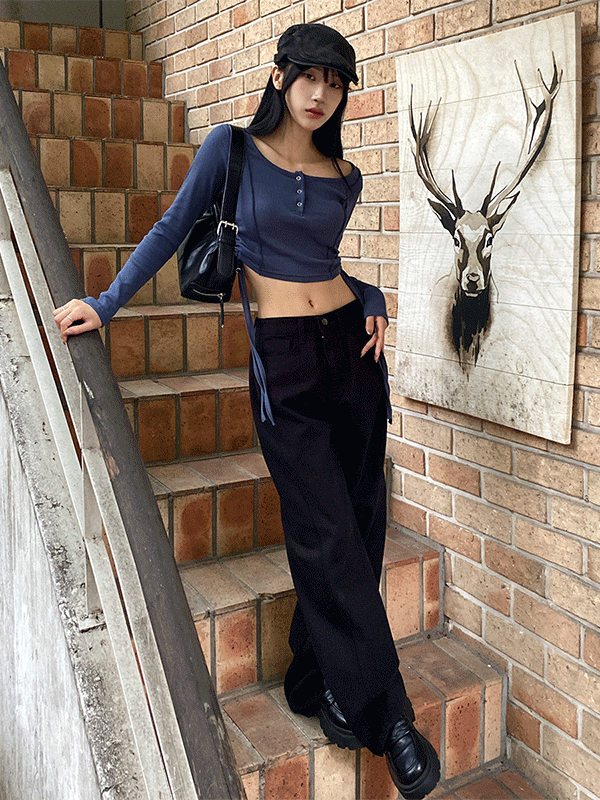T15640K47-엘디루 유넥 사이드 셔링 또또 버튼 크롭 긴팔티