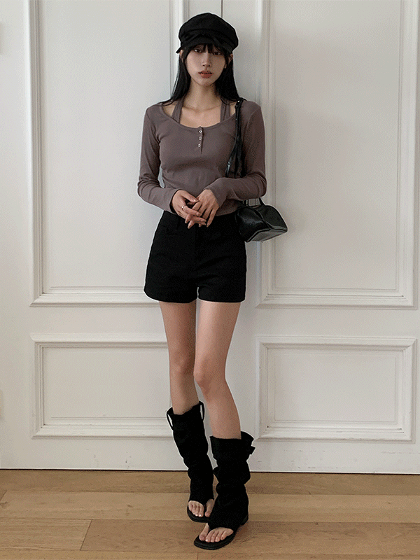 T15641K47-르메뉴 셔링 홀터넥 잔골지 슬림핏 긴팔티