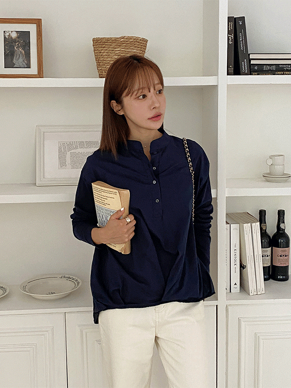 T15854K49-다데르 차이나 칼라 앞주름 긴팔 티셔츠