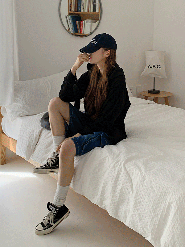 T15874K49-루사하 베이직 무지 루즈 끈 후드 티셔츠