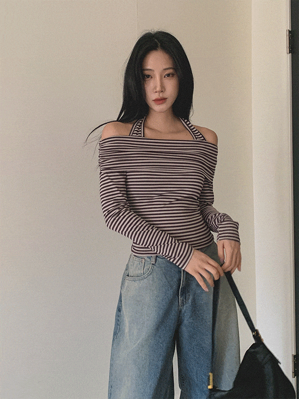 T16228K51-내호드 단가라 홀터 슬림 오프숄더 티셔츠