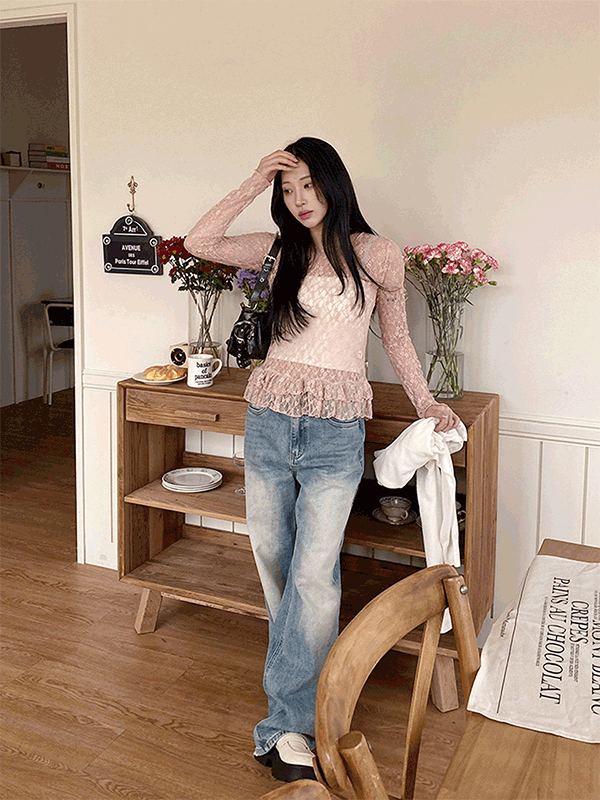 T16436K53-교하느 플라워 레이스 밑단 캉캉 라운드 티셔츠