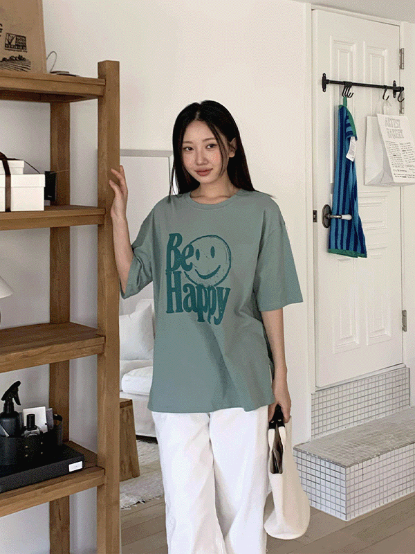 T16705K54-드리블 빈티지 스마일 프린팅 트임 오버핏 티셔츠