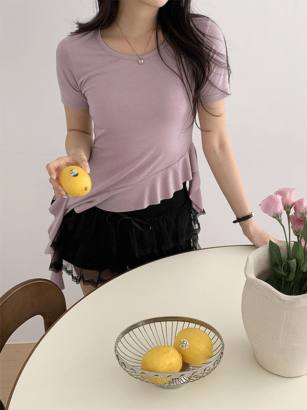 T16740K55-미링클 언발 밑단 프릴 쫀쫀 슬림 반팔 티셔츠