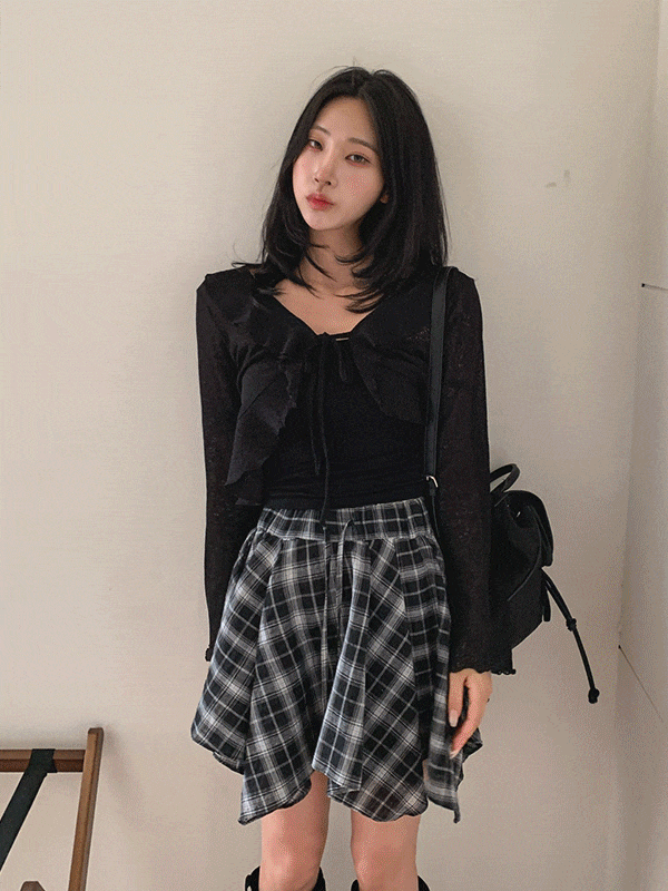 CD3535K56-딘스쿠 시스루 리본 스트랩 프릴 크롭 가디건