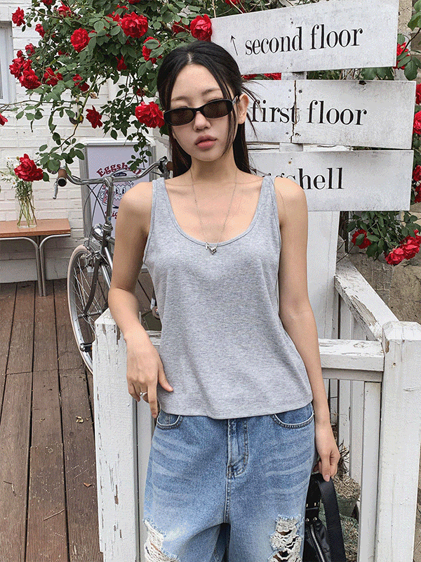 T16787K55-파라인 베이직 무지 골지 U넥 슬리브리스 티셔츠