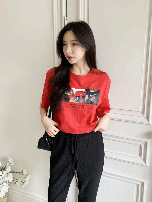 T16865K56-아이언 네모 프린팅 크롭 여름 반팔티