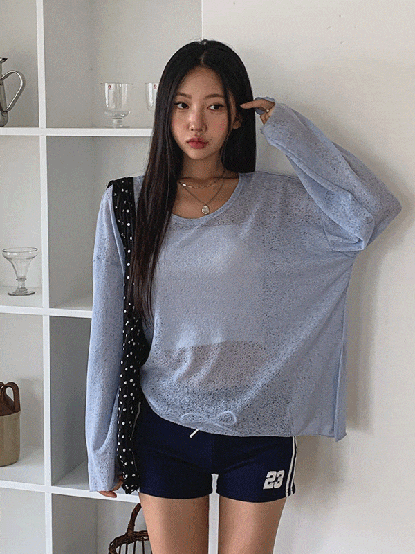 T16962K56-안나리 언발 사선 트임 시스루 긴팔티