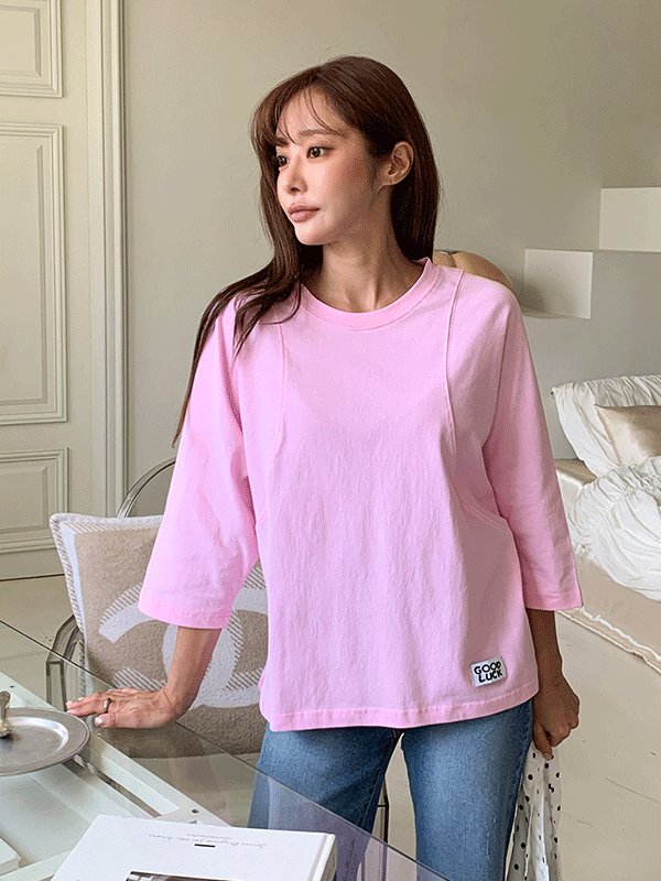 T17046K57-코이므 오버핏 절개 패치 나그랑 7부 티셔츠