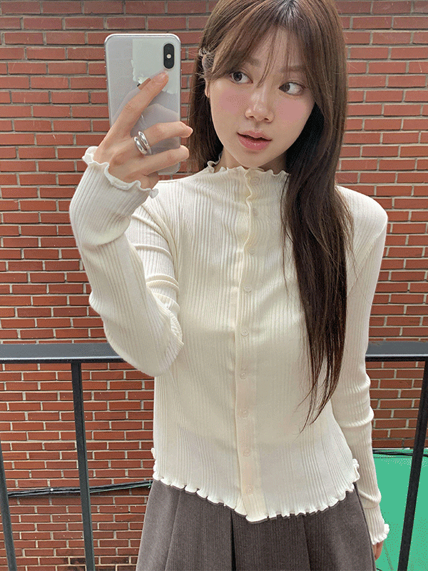 CD3625K59-토래나 슬림 골지 프릴 반폴라 가디건 