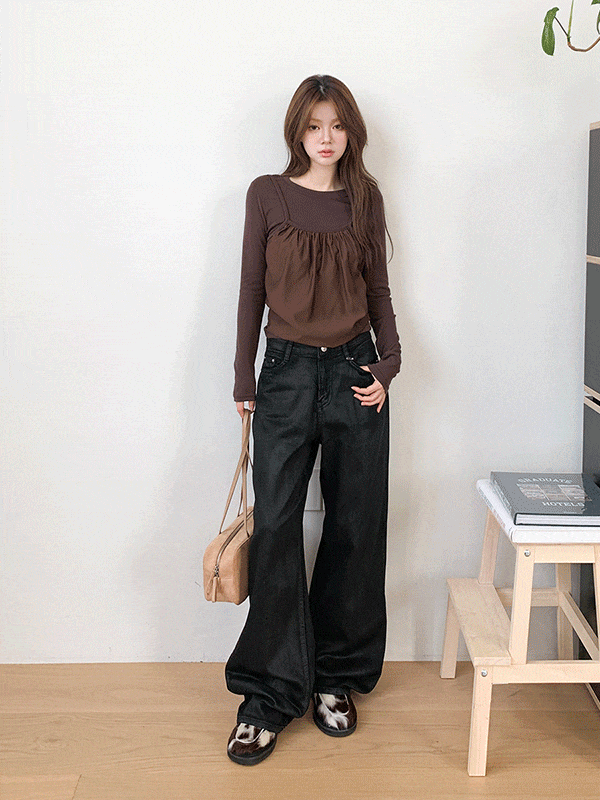 PT15391K58-겔디폰 핀턱 와이드 일자 코튼 팬츠