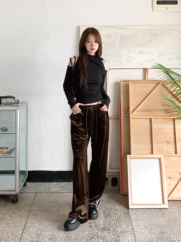 PT15443C58-스웨디 레이스 라인 밴딩 벨벳 팬츠