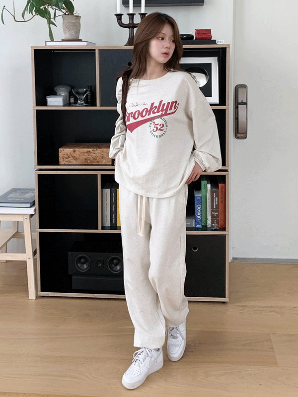 SET3824K58-케모리 코튼 오버핏 프린팅 긴팔티 밴딩 팬츠 세트