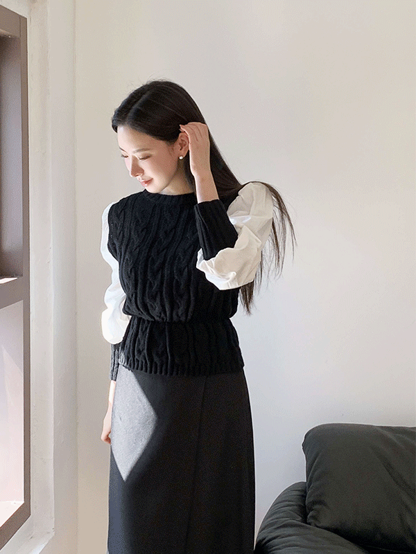 NT6004K59-러프리 셔츠 배색 꽈베기 니트