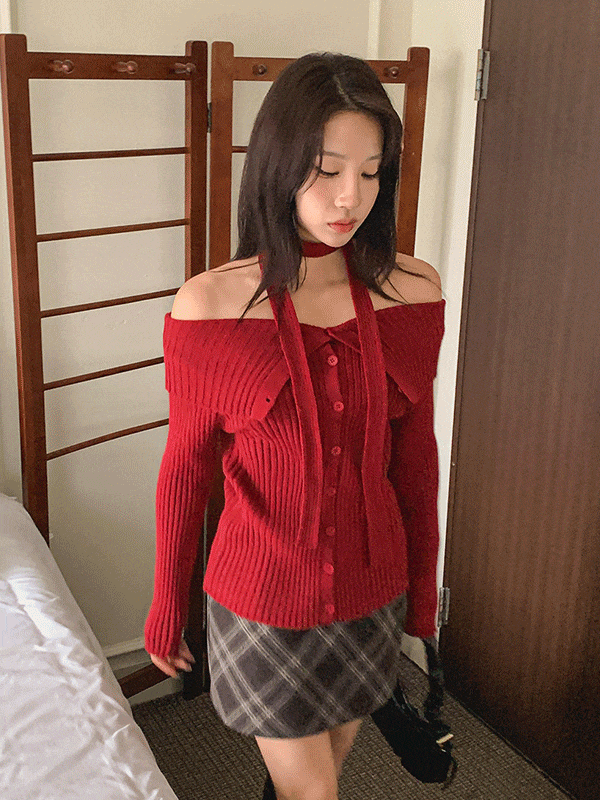 NT6036K59-흐울리 골지 머플러 오프숄더 니트