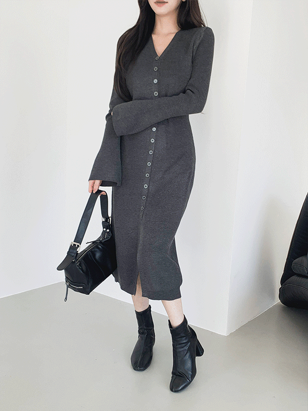 OPS10413K5A-프라미 브이넥 가디건 니트 롱원피스