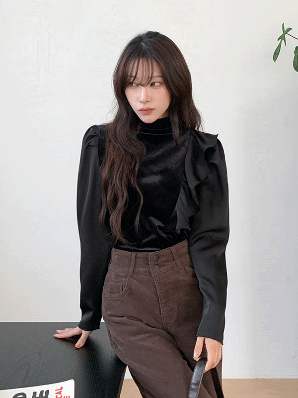 BL5856K5B-푸호이 페미닌 프릴 벨벳 블라우스