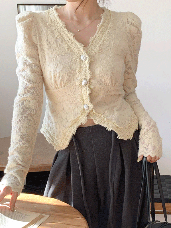 BL5859K5C-키론티 벨벳 레이스 펀칭 크롭 블라우스