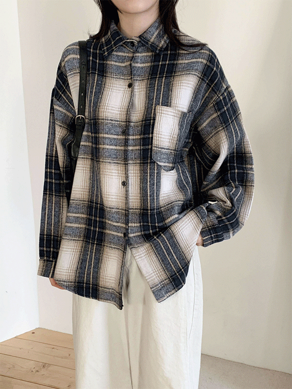 NB3331K5B-프리지 아방 오버핏 겉기모 체크셔츠