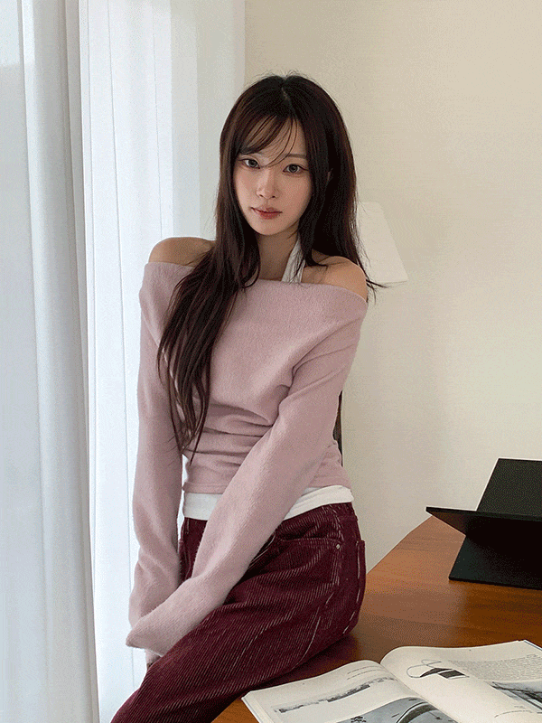 NT6087K5B-브리지 홀터넥 크롭 셔링 오프숄더 티셔츠