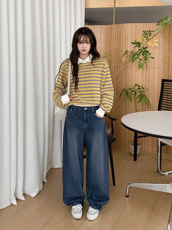 PT15672K5B-쿠흐이 본딩 기모 커브드 와이드 워싱 데님 팬츠