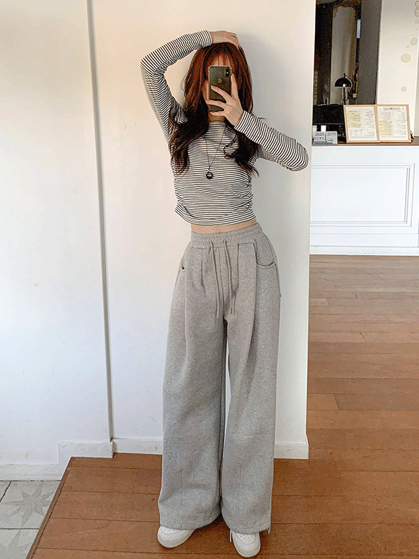 PT15694K5C-헤메드 핀턱 와이드 스트링 기모 조거 팬츠