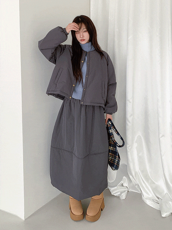 SET3893K5B-토루리 라운드넥 숏 패딩 항아리 패딩 롱 스커트 세트