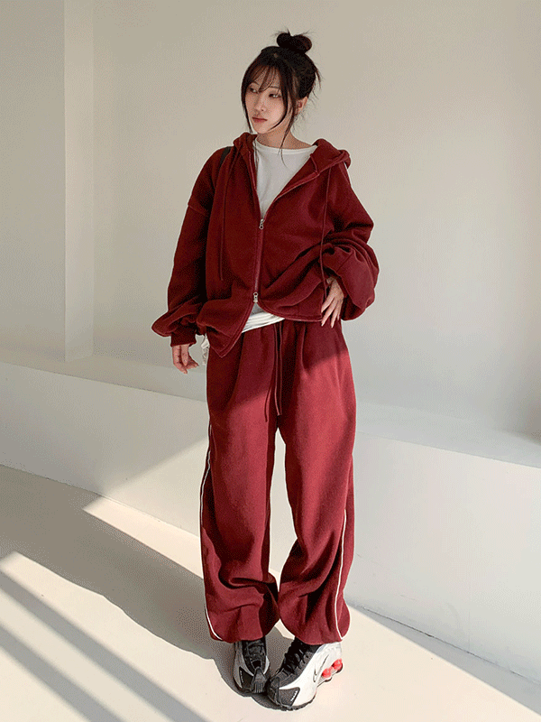 SET3896K5B-포리지 후리스 후드집업 삥줄 조거 팬츠 세트