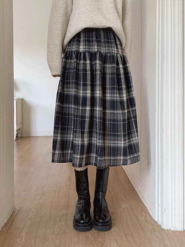 SK7577K5C-모엘드 체크 밴딩 롱 스커트
