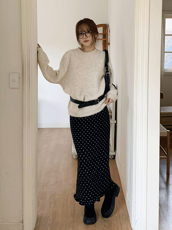 SK7581K5C-크르드 H라인 도트 밑단 프릴 울 롱 스커트