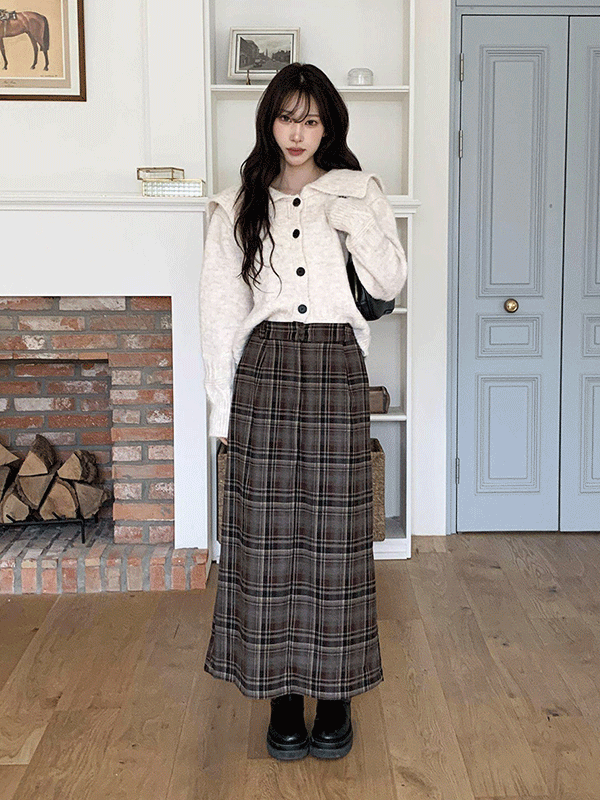 SK7585K5C-타메드 체크 단추 트임 뒷밴딩 롱스커트