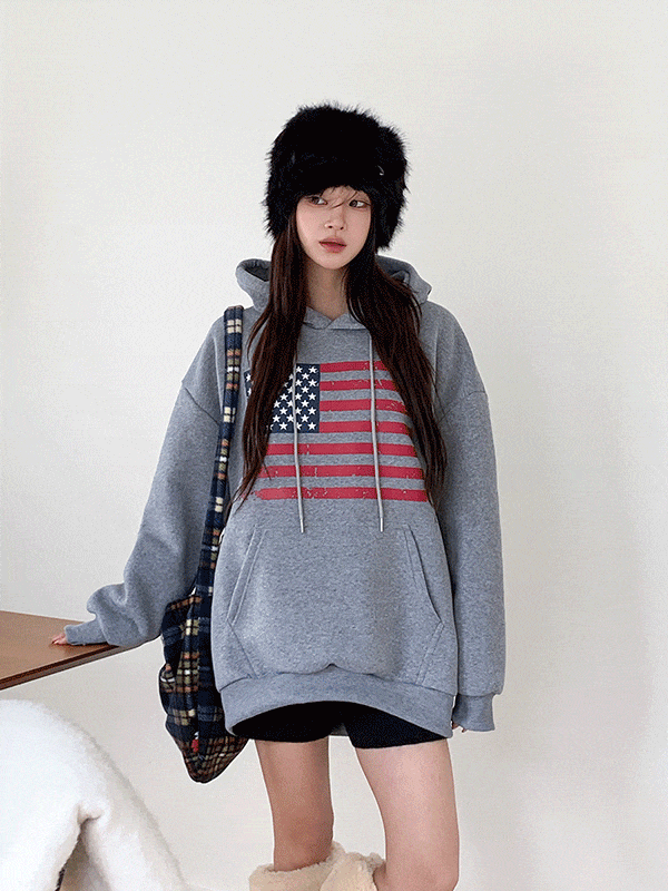 T17337K5B-차로리 루즈핏 성조기 기모 후드 티셔츠