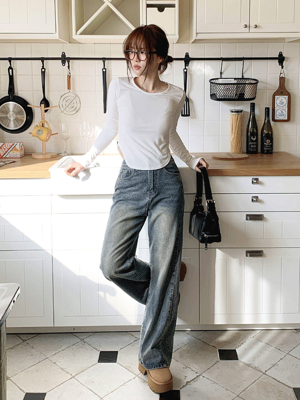 T17370K5B-누엘리 라운드 기모 세미 크롭 티셔츠